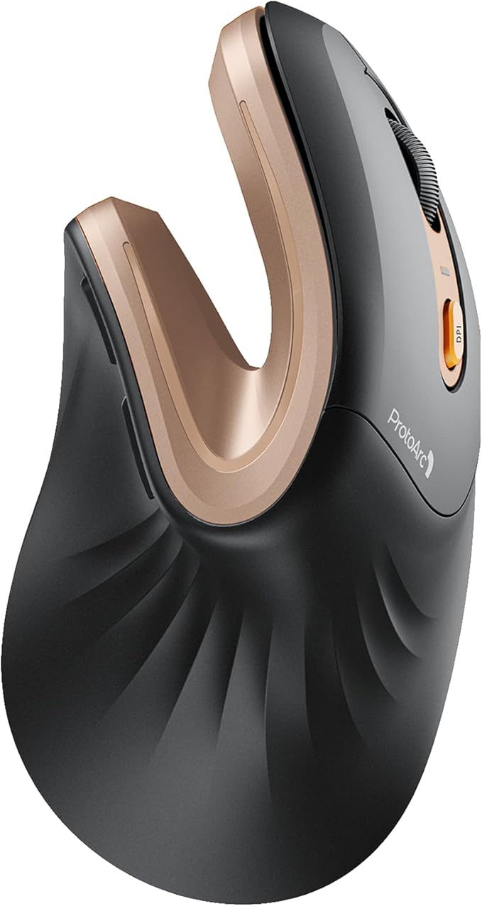 ProtoArc Ergonomic Mouse, EM11 NL Bluetooth Rechargeable Wireless Vertical Mouse, 3 Multi-Device Connectivity for Computer/PC/Laptop, 2.4GHz USB-A Optical Mice for Windows, Mac OS, Black Gold