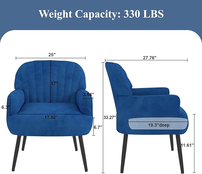Holiway Velvet Accent Chair, Upholstered Modern Leisure Single Sofa Side Living Room Chair, Comfy Tufted Back Armchair with Metal Legs for Waiting Room/Bedroom/Office/Reading Room, Blue