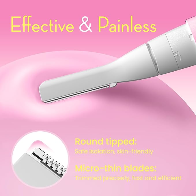 Facial Hair Removal for Women, Painless Eyebrow Trimmer with Pivoting Head, Electric Battery Operated Body Hair Remover with 2 Replaceable Blade for Face Neck Chin Bikini, Pink
