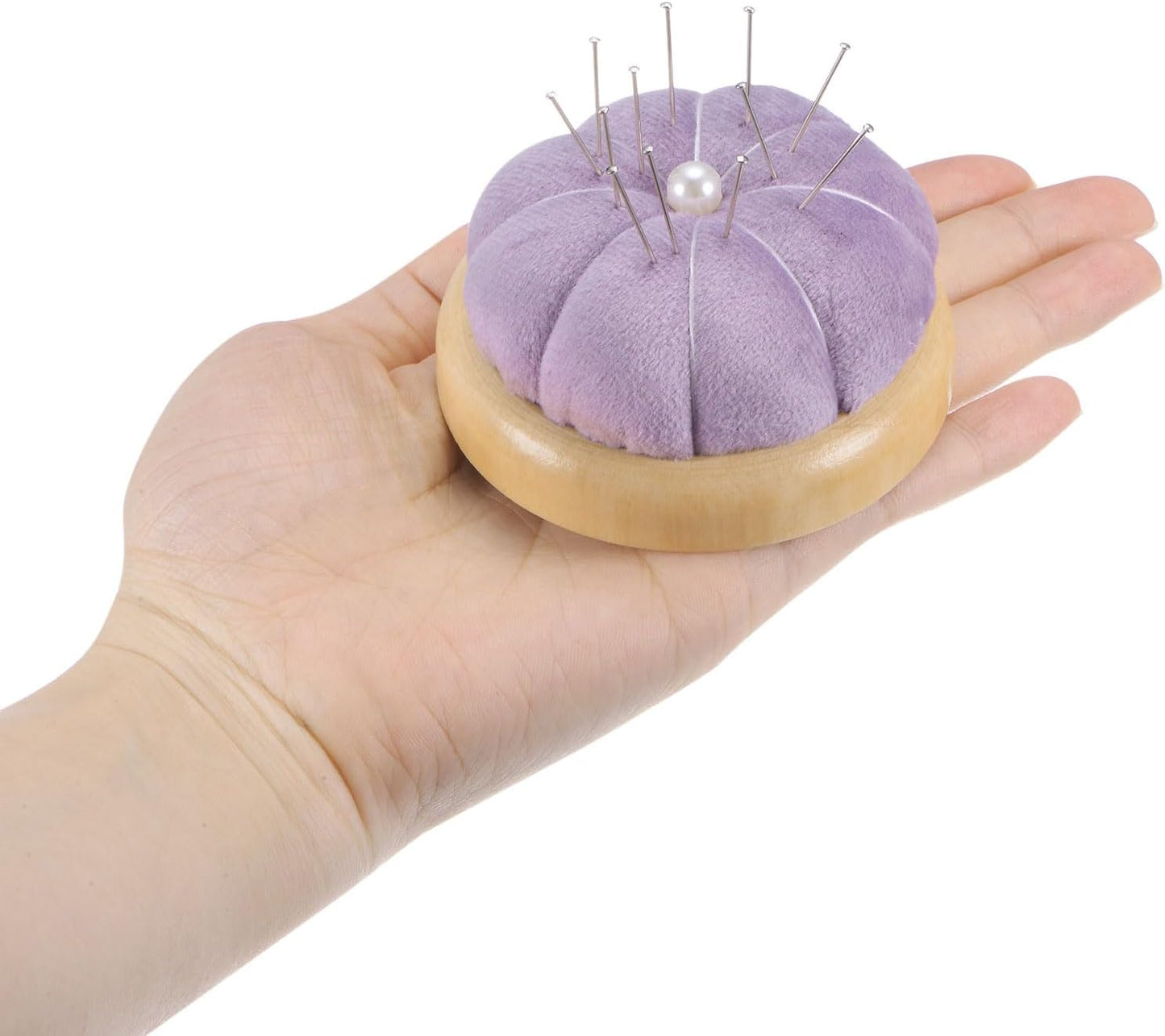 HARFINGTON Wooden Base Pin Cushion Japanese Style Cute Needle Holder Pincushions Round for Sewing Quilting Needlework DIY Crafts, Cream
