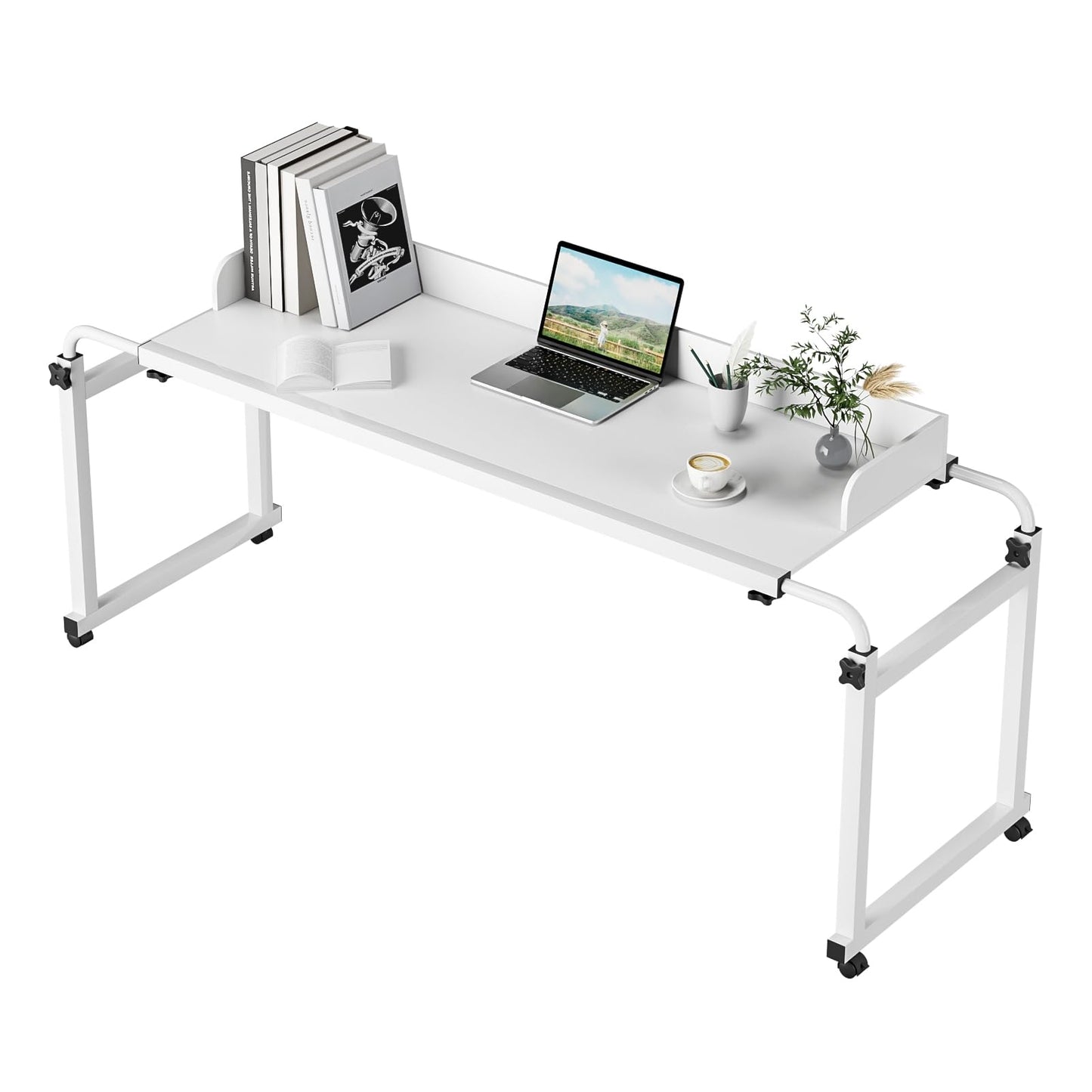 Rodiuiu Overbed Table with Wheels Laptop Desk Cart Table Over The Bed Table Adjustable Height and Length for Hospital and Home use(White)