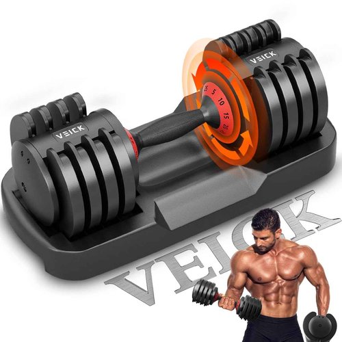 VEICK 25 lbs Adjustable Dumbbell with Anti-Slip Turning Handle, Fast Adjust Weight for Men Women, Exercise Equipment with Tray for Home Gym Full Body Workout Fitness