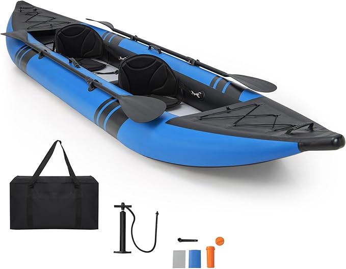 GYMAX Inflatable Kayak, 12.5Ft 507lbs Tandem Kayak with 2 Aluminum Paddles, 2 Padded Seats, Footrests, 2 Fins, Hand Pump, ...