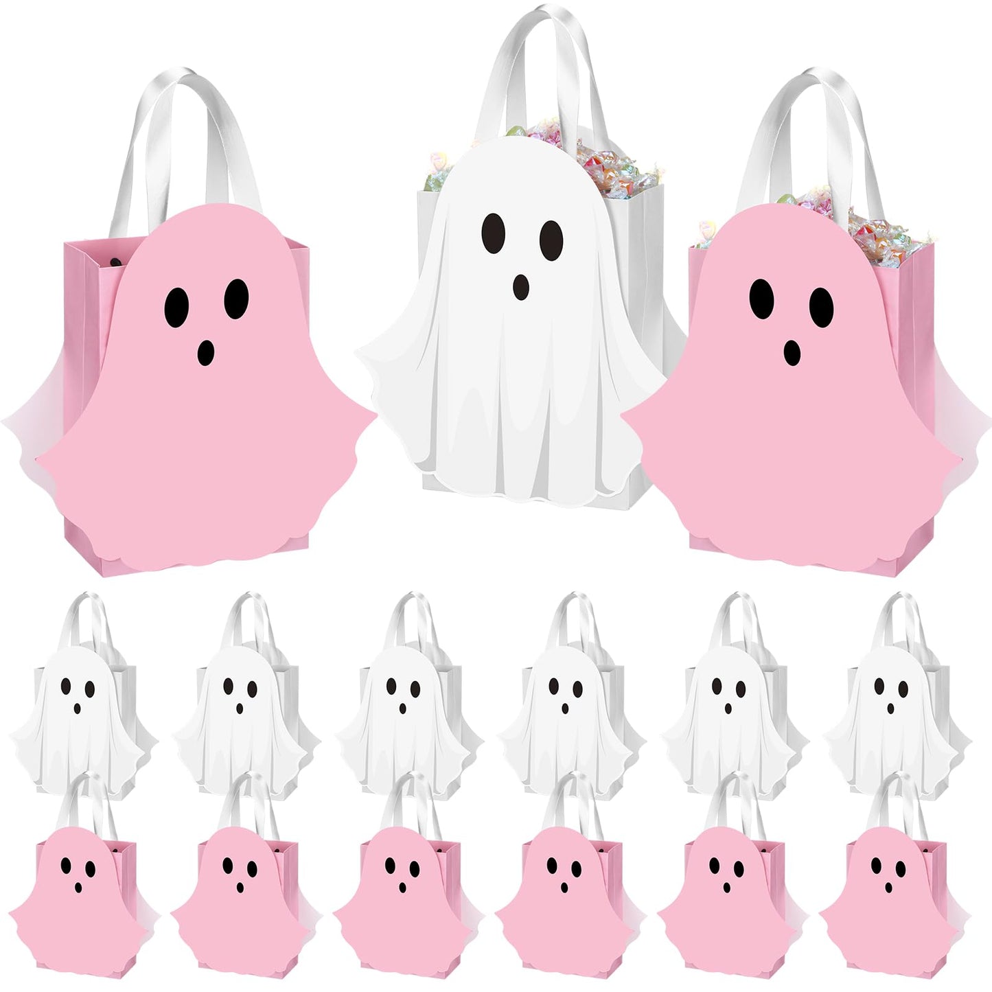 Sweetude 24 Pcs Halloween Ghost Paper Gift Bags Pink and White Ghost Shaped Goodie Candy Bags Bulk with Handles Trick or Treat Party Favor for Holiday Spooky Birthday Party Gift Wrap Supplies
