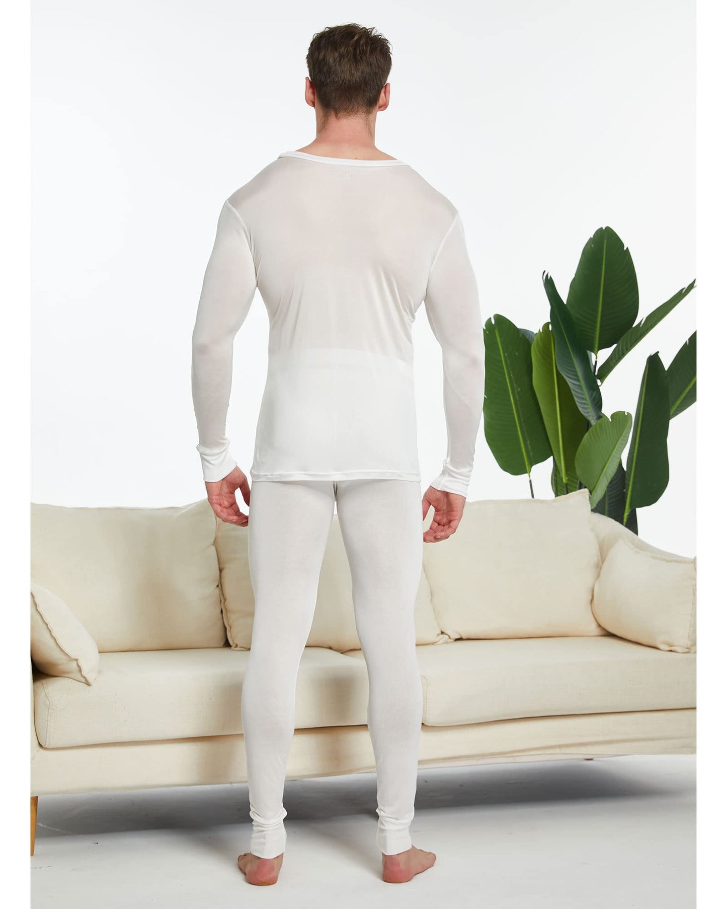 Men's Pure Mulberry Silk Knitted Thermal Underwear Long Johns Bottom(Pants Only) White