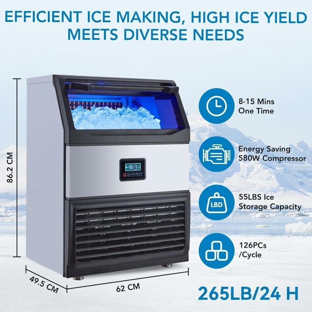 Commercial Ice Maker Machine, 265 LB/24 h, Freestanding Under Counter Stainless Steel Ice Machine with 55 LB Storage Bin, Thickness Adjustable & Self Cleaning for Bar Hotel