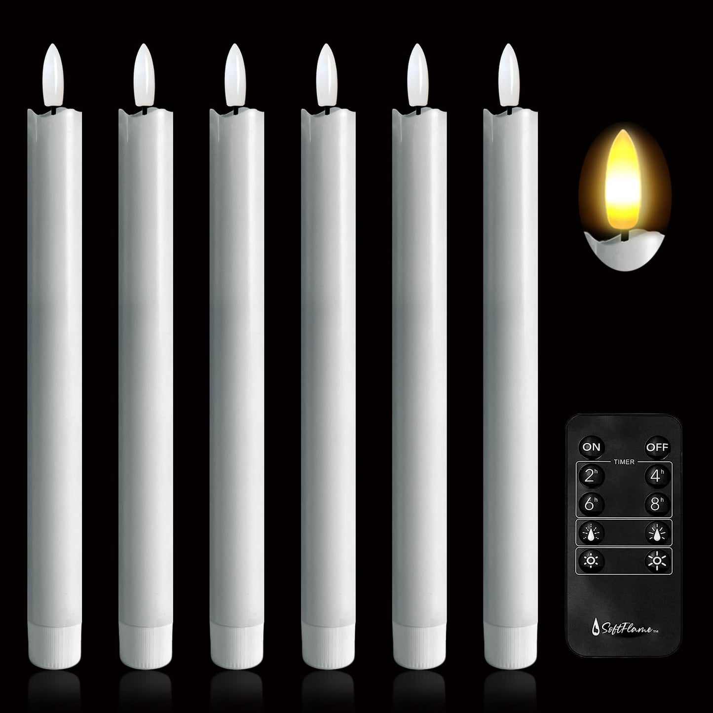 Arora Remote Control Flameless Taper Candles, S/6 3D Flickering Battery Operated LED Window Candles Encased with Real Wax to Light Up Your Home