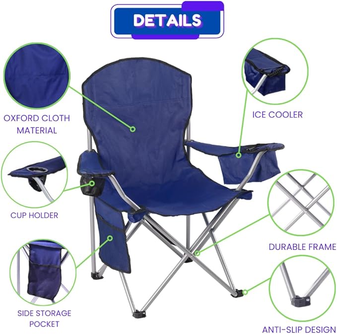 EZONE 2-Pack Camping Chairs with Built-in Ice Cooler, Portable Chair, Storage Pocket, Cup Holder, and Carry Bag Perfect for Camping, Tailgating, Fishing, Beach, and Lawn (4, Navy)