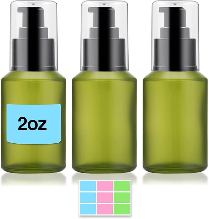 3PCS 60ML/2OZ Empty Green Frosted Glass Bottles with Pump Refillable Vial Cosmetic Dispenser Jars Storage Travel Lotion Container Portable Sample Bottle for Toiletries,Foundation,Cream,Gel,Lotion