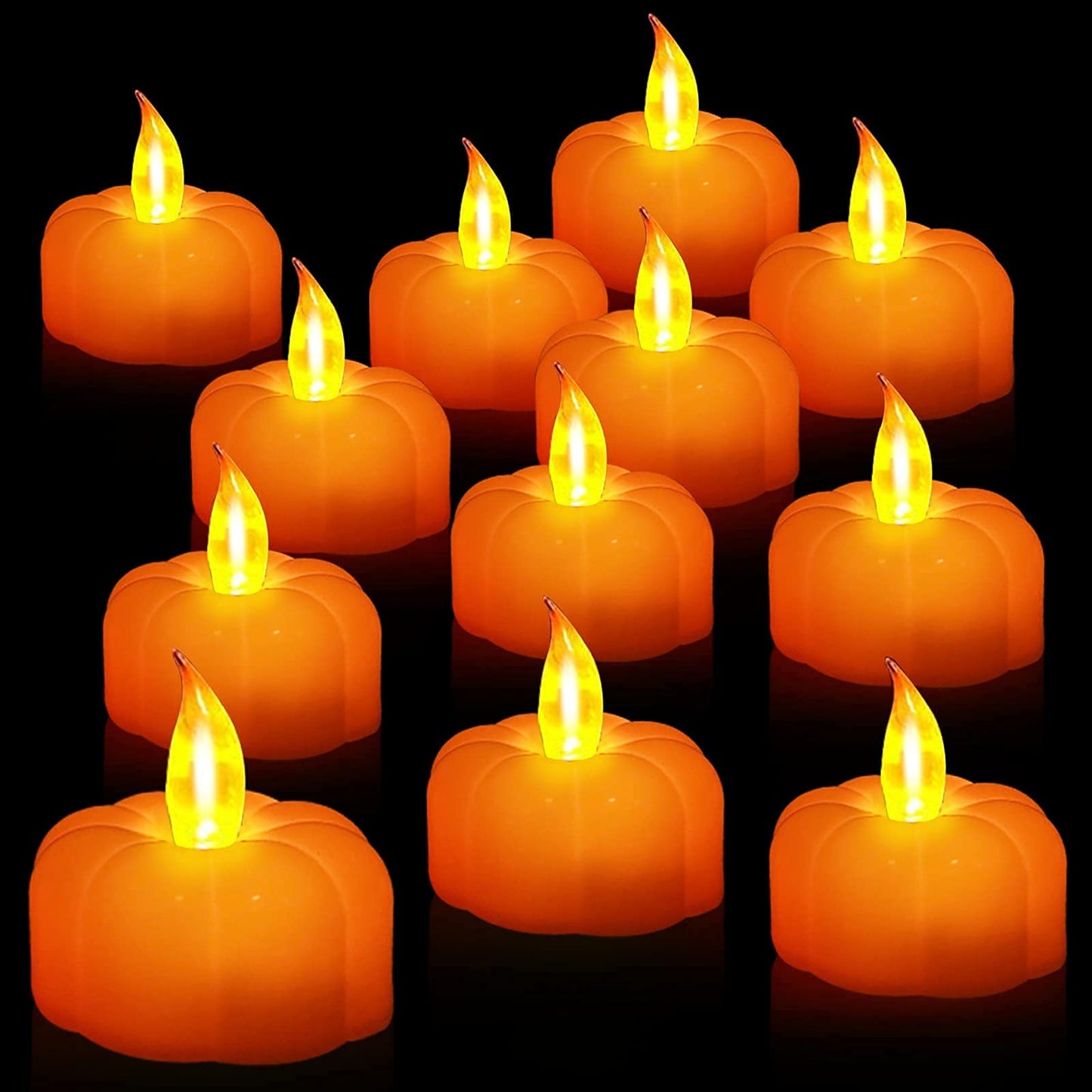 TURNMEON 12 Pack Pumpkin Tea Lights Fall Decorations, LED Orange Pumpkin Lights Flame Less Candles Battery Operated Halloween Pumpkins Flickering Candles for Thanksgiving Table Decor Home Indoor Party