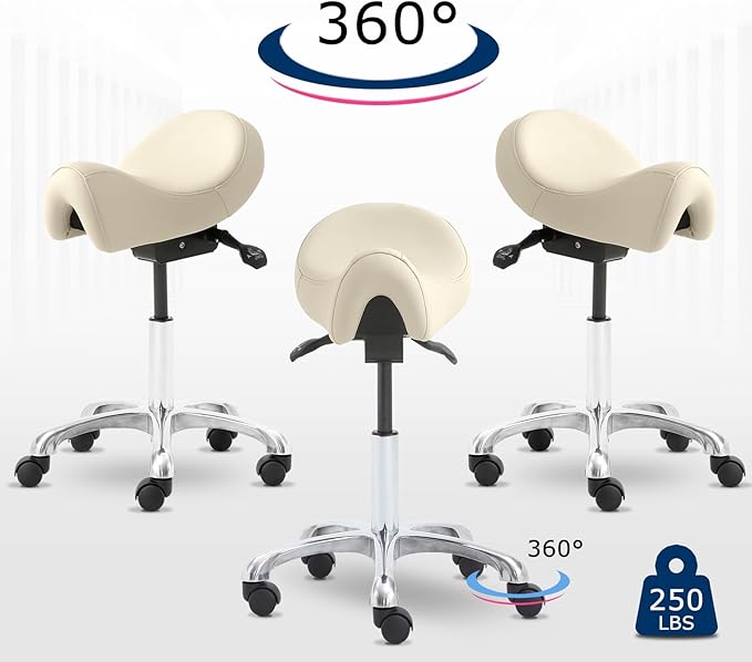 Saddle Stool with Wheels, Height Adjustable Ergonomic Rolling Saddle Chair for Salon Tattoo Shop Spa Home Dentist Clinic, Beige Saddle Stool