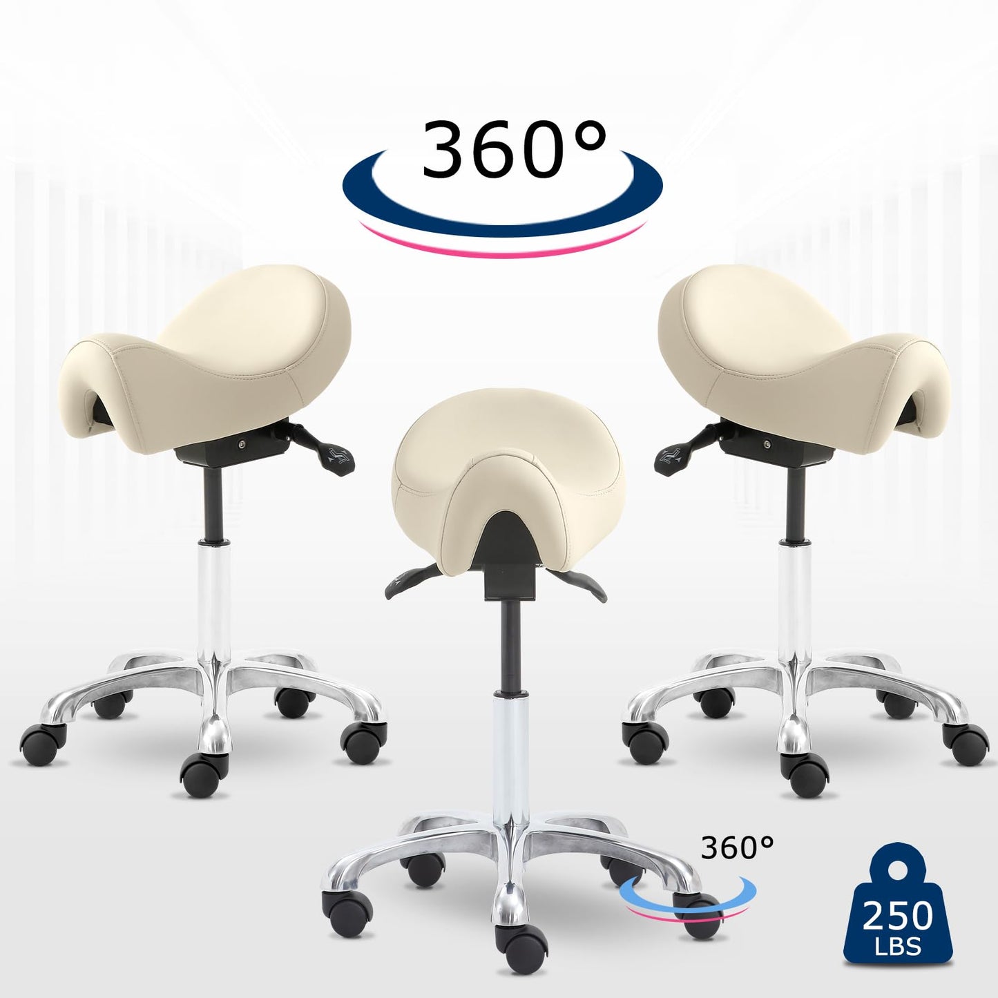 Eognyzie Saddle Stool with Wheels, Height Adjustable Ergonomic Rolling Saddle Chair for Salon Tattoo Shop Spa Home Dentist Clinic, Beige Saddle Stool