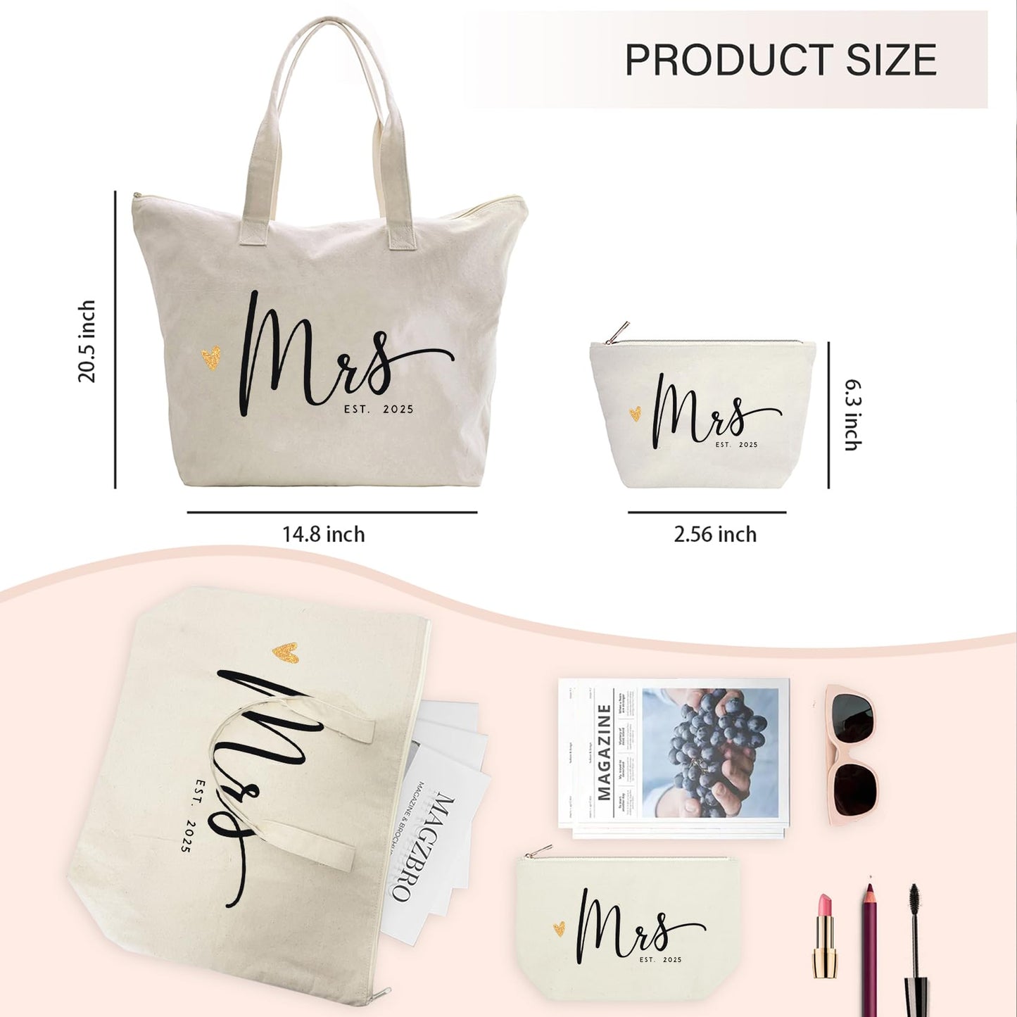 CARAKNOTS Mrs. Bag 2025 Future Mrs Bride Gifts for Wedding Engagement Bachelorette Party Honeymoon Bridal Shower Gifts for Bride to Be Tote Canvas Cotton Beach Shoulder Bag with Zipper and Pocket