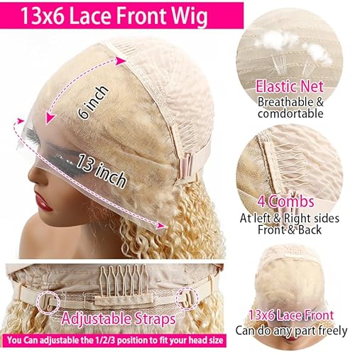 12 Inch 613 13x6 Lace Front Wigs Human Hair Blonde Bob Human Hair Wigs Short Curly Bob Wigs for Black Woman Glueless 613 Frontal Wigs Pre Plucked With Baby Hair 180% Density