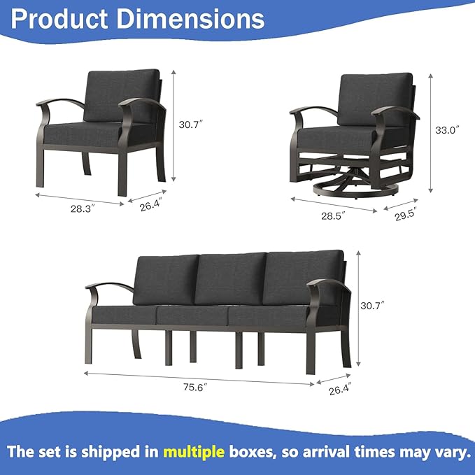 RTDTD Aluminum Outdoor Patio Furniture Set,7 Seats Patio Conversation Sets with Rectangular Coffee Table,Metal Patio Sectional Furniture Set with 2 Swivel Rocking Chairs,Black