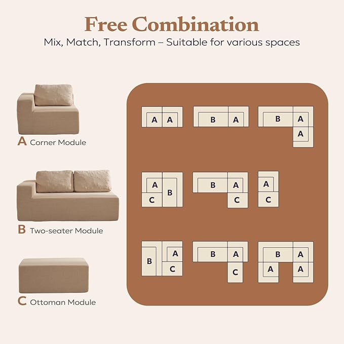 Furnify 40" Memory Foam Couch Footrest, Cloud Modular Sofa with Removable Cover, Upholstered Floor Sofa Ottoman, Upholstered Sofa for Bedroom Living Room, No Assembly Required (Teddy Boucle, Camel)