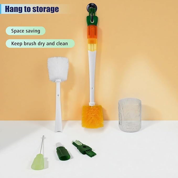 5-in-1 Bottle Brush Set(2Pcs Green & Orange), Long Handle Bottle Cleaning Brush Straw Brush Nipple Brush Hard-corner Brush for Sports Water Bottles Caps Mugs Glasswares Tumblers Wine Decanters