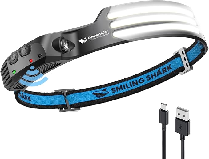Smiling Shark LED Headlamp, 230°Wide Angle 3*White Light Strips The Brightest Head Lamp Rechargeable with Motion Sensor Wa...