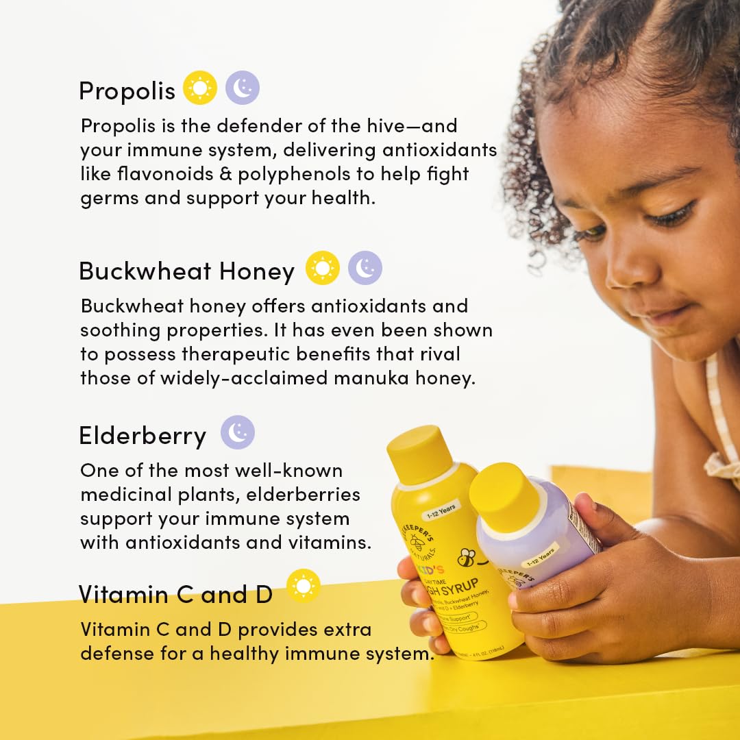 Beekeeper's Naturals Kids Honey Cough Syrup – Day & Night Value Pack – Immune Support with Elderberry, Vitamin C, D, Propolis & Raw Honey – Soothing, Clean Ingredients – Two Pack, 2 x 4 fl oz
