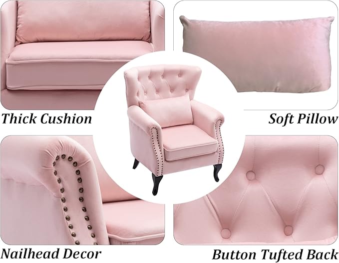 DM Furniture Set of 2 Mid Century Modern Accent Chair for Living Room, Velvet Armchair with Tufted Back and Wood Legs, Upholstered Lounge Armchair Single Sofa for Bedroom, Light Pink