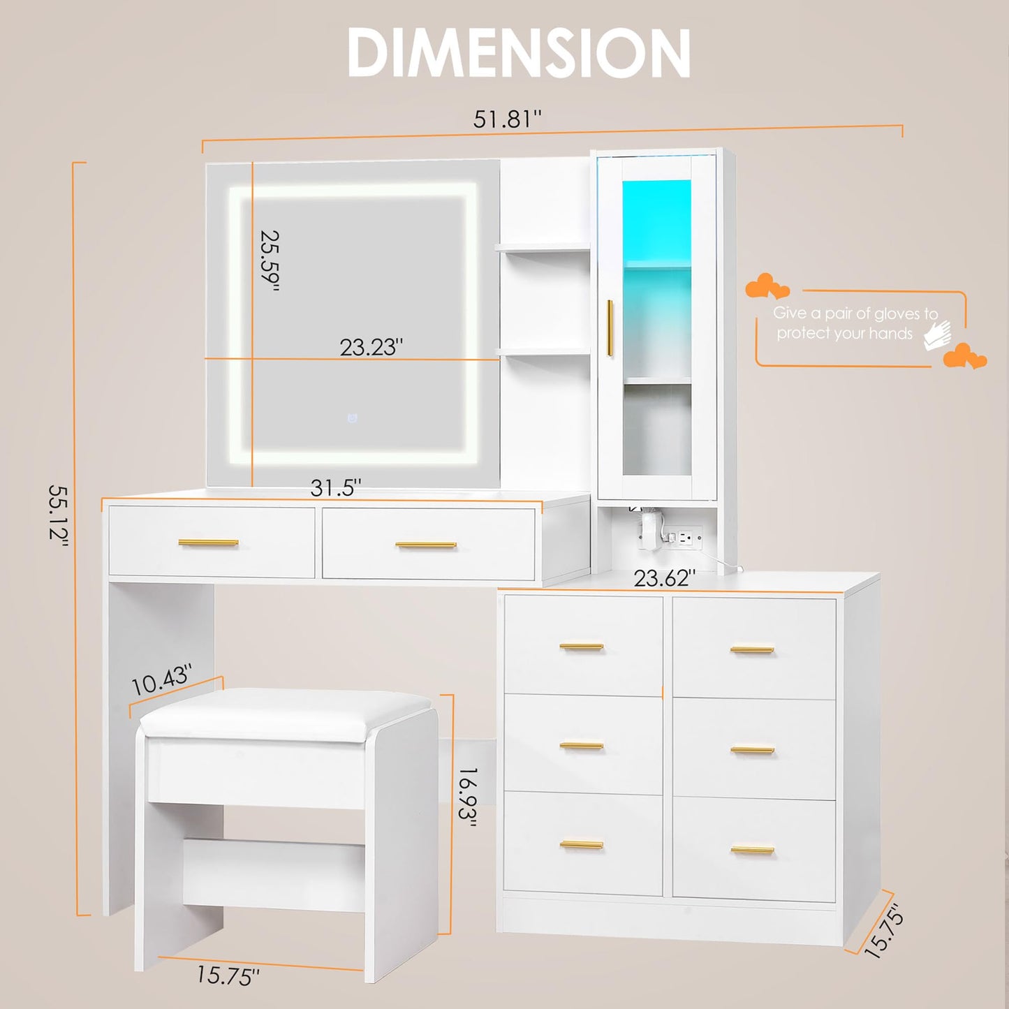 ANWBROAD 51.8" Makeup Vanity Desk with Mirror and Lights White Vanity Table with RGB Storage 8 Drawers Power Outlet Large Dresser Dressing Table with Storage Shelves Stool for Bedroom Girls UBDT77W