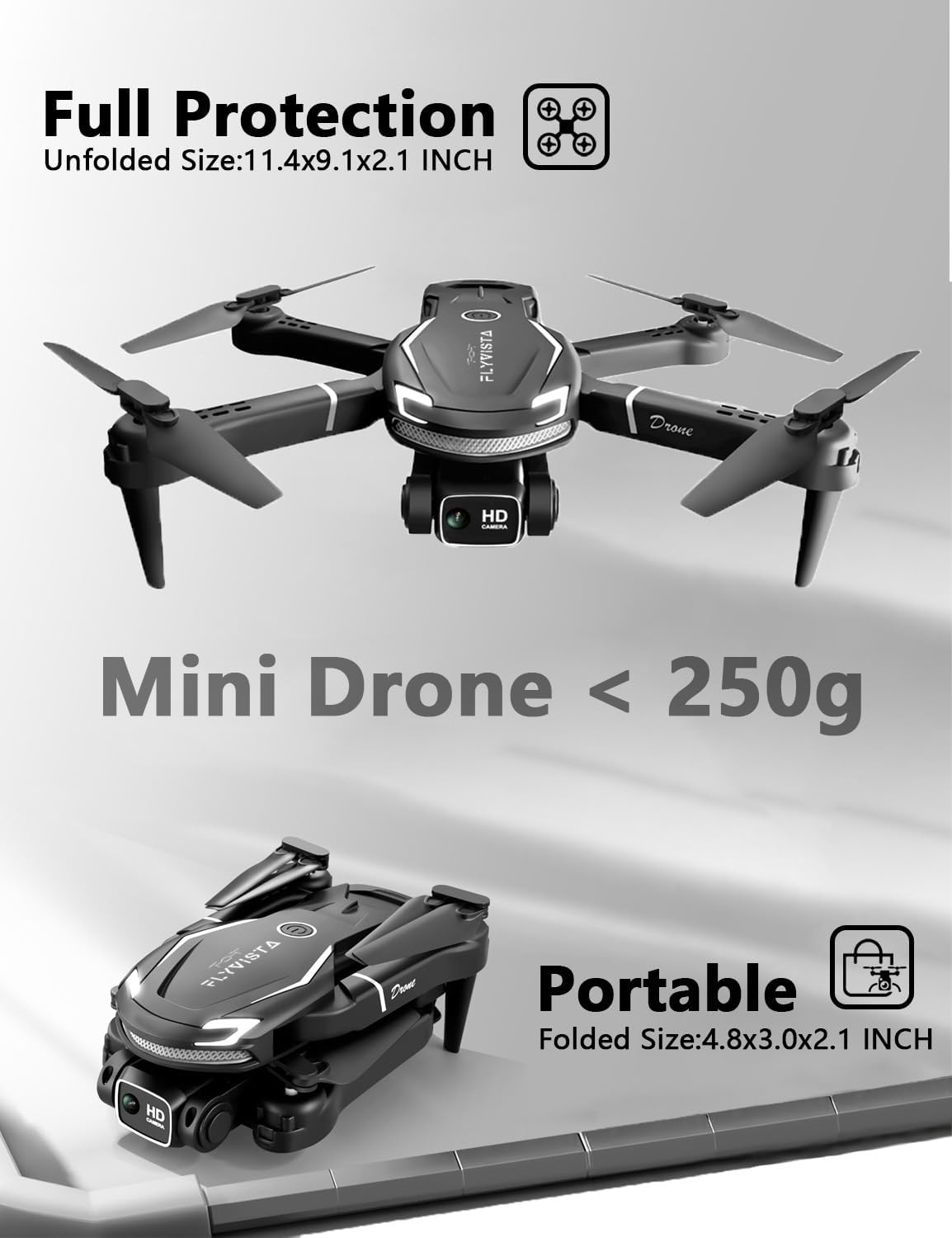 FLYVISTA Cool Mini Drone with Camera for Kids Adults Beginners, 1080P FPV Camera Remote Control Drone for Kids with 3 Batteries, One-Click Take Off/Landing, Altitude Hold, Headless Mode, 360° Flips, 3-Gear Speeds , Emergency Stop, Toys Gifts for Kids