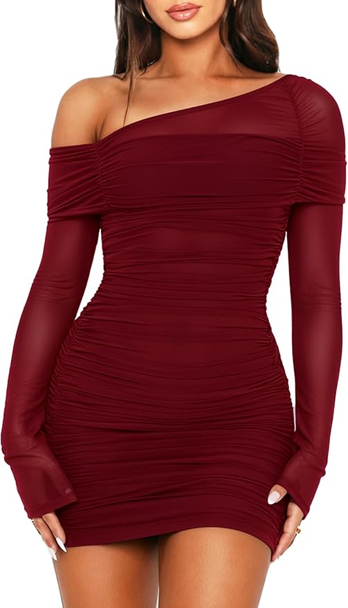 OZICERD Off The Shoulder Mini Dresses for Women Long Sleeve Ruched Bodycon Mesh Dress Cocktail Party Club Going Out Dress