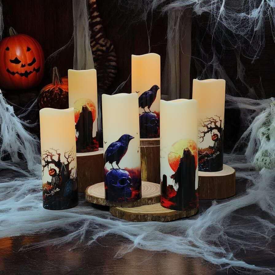 Halloween Flameless LED Candles, Set of 6, Gothic Design with Remote Control, 6 in x 2.15 in, 2AA Battery Operated 400+ Hours, Timer Function, Halloween Decorations in Fall, Indoor/Outdoor Ues.
