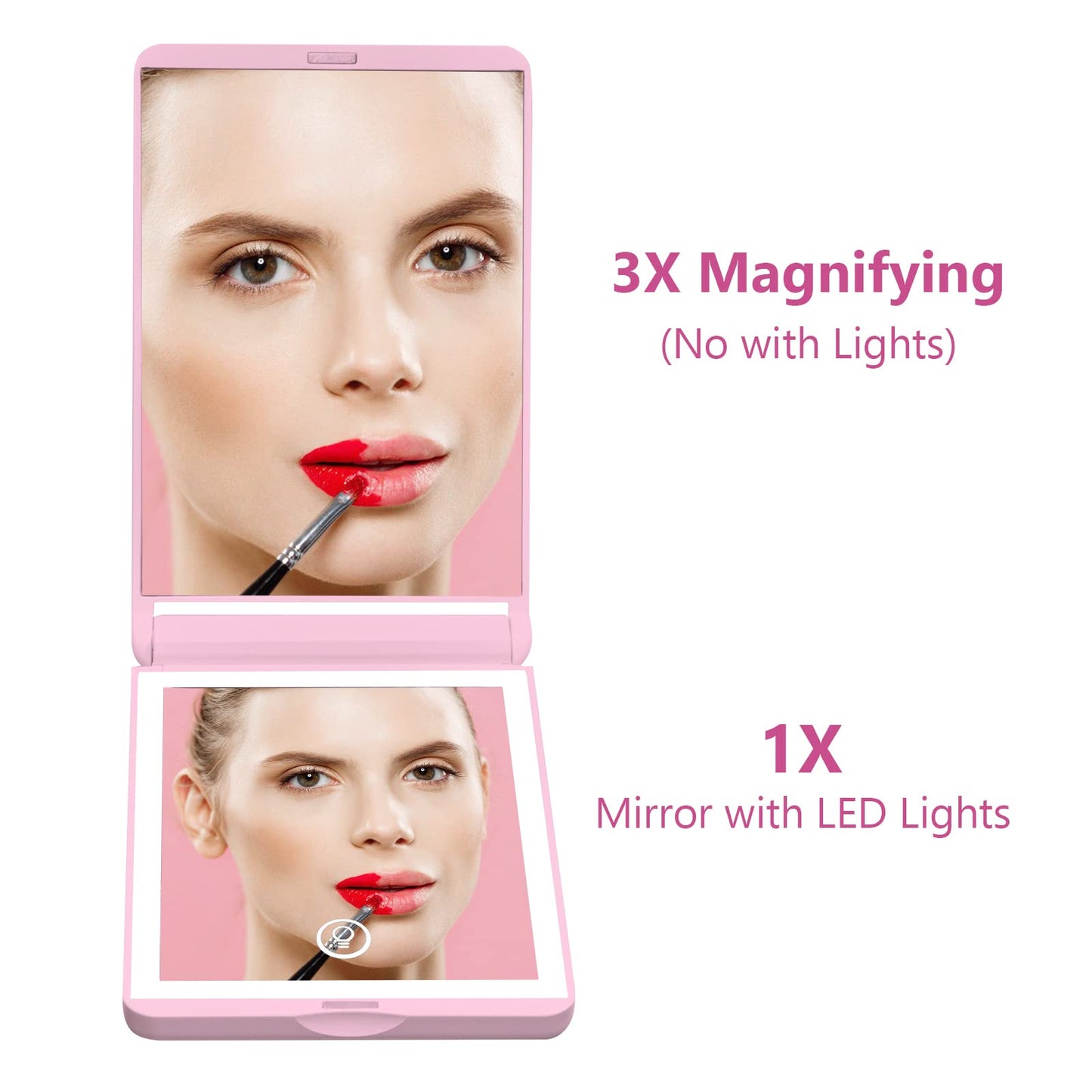 WOBSION Lighted Compact Mirror, Rechargeable Travel Makeup Mirror with Light,1x/3x Magnifying,300Flip Folding Portable Mirror, 2