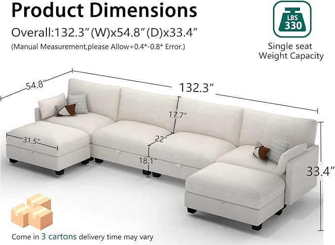 OhaiAura Modular Sectional U Shaped Sofa Couches for Living Room, Cloud Couch with Storage Ottoman, Comfy Chenille Sofa with Pillow, Beige