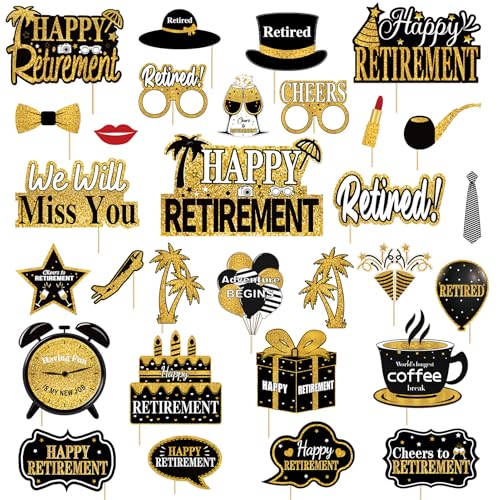 Kuxriox 30Pcs Happy Retirement Party Decorations for Men Women, Black Gold Retirement Photo Booth Props, Cheers to Retirem...