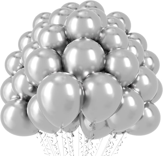 Voircoloria 110pcs Metallic Silver Balloons 12inch Chrome Silver Latex Party Balloons for Graduation, Wedding, Birthday, N...
