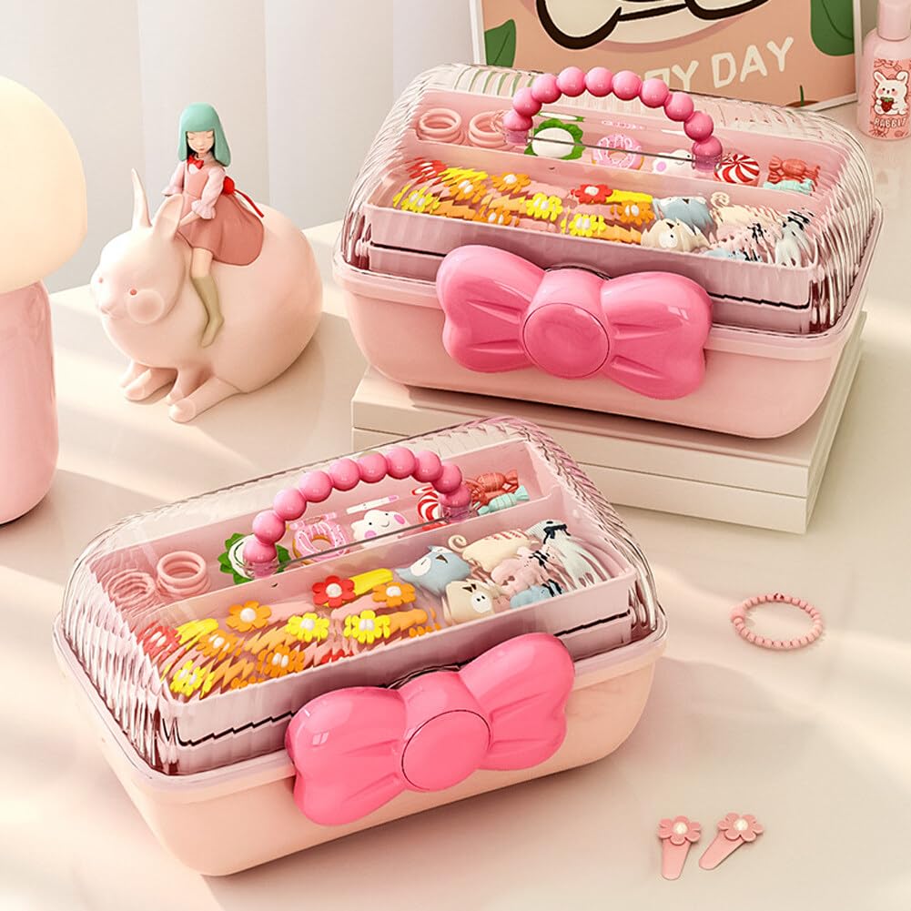 UEncounter 3-Layer Kids Hair Accessories Organizer with Bowknot Lock Cute Jewelry Box Headband Hair Tie Clip Organizer Box for Little Girls - Purple