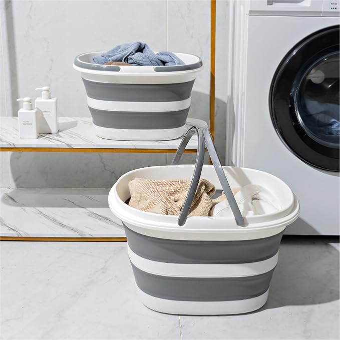 Large Plastic Cleaning Supplies Caddy Bucket with Handles, Portable Cleaning Tool Storage Tote Pop Up Mop Bucket for Dorm and Bedroom, Collapsible Plastic Bucket for Fishing, Garden (Grey)