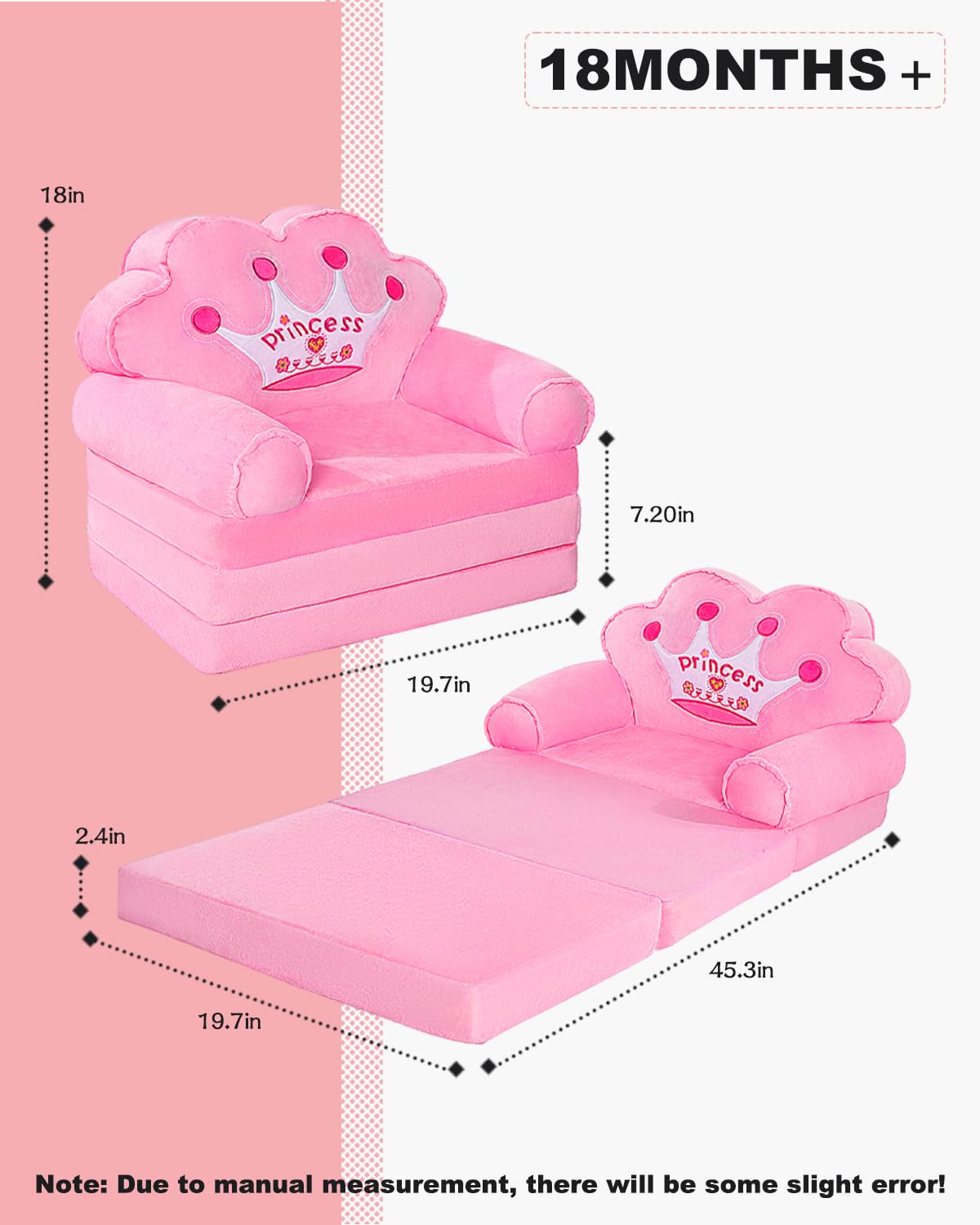 MOONBEEKI Kids Couch Fold Out, Foldable Princess Chair for Toddlers 1-3, Sofa Bed for Kids Folding Toddler Bed Lounger Chair for Bedroom （Pink）