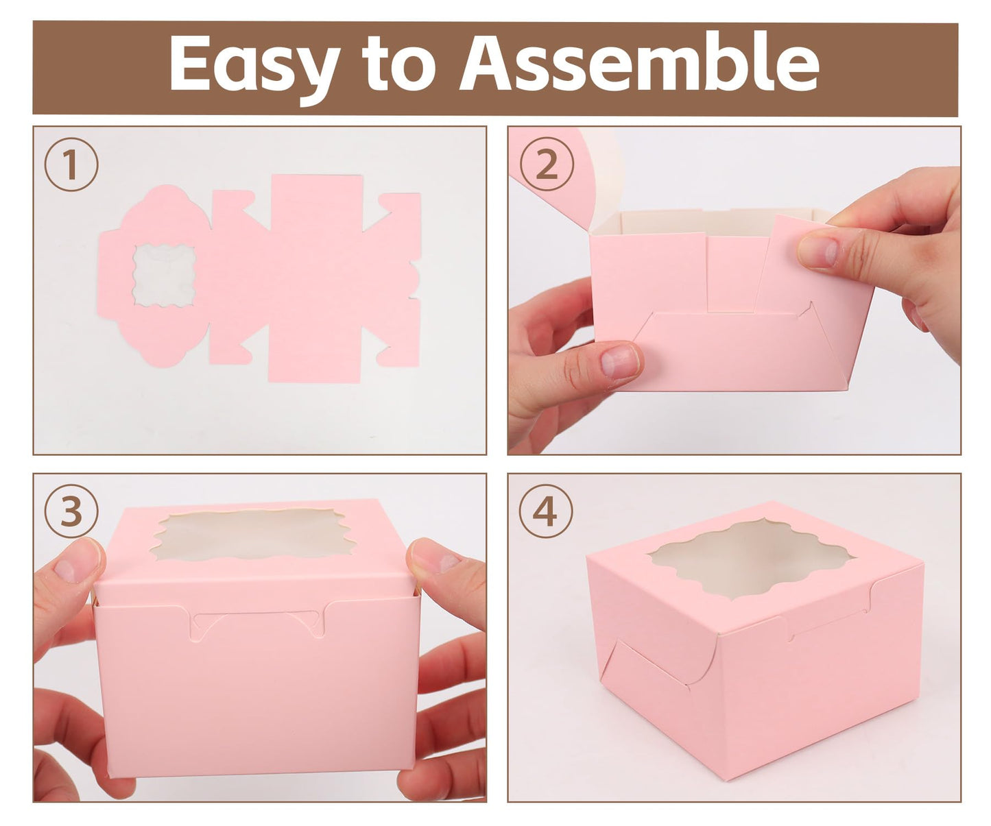 TryDrem 50Pcs 4x4x2.5 Pink Cookie Boxes, Bakery Boxes for Baked Goods, Cookies, Pastry, Strawberries, Macarons