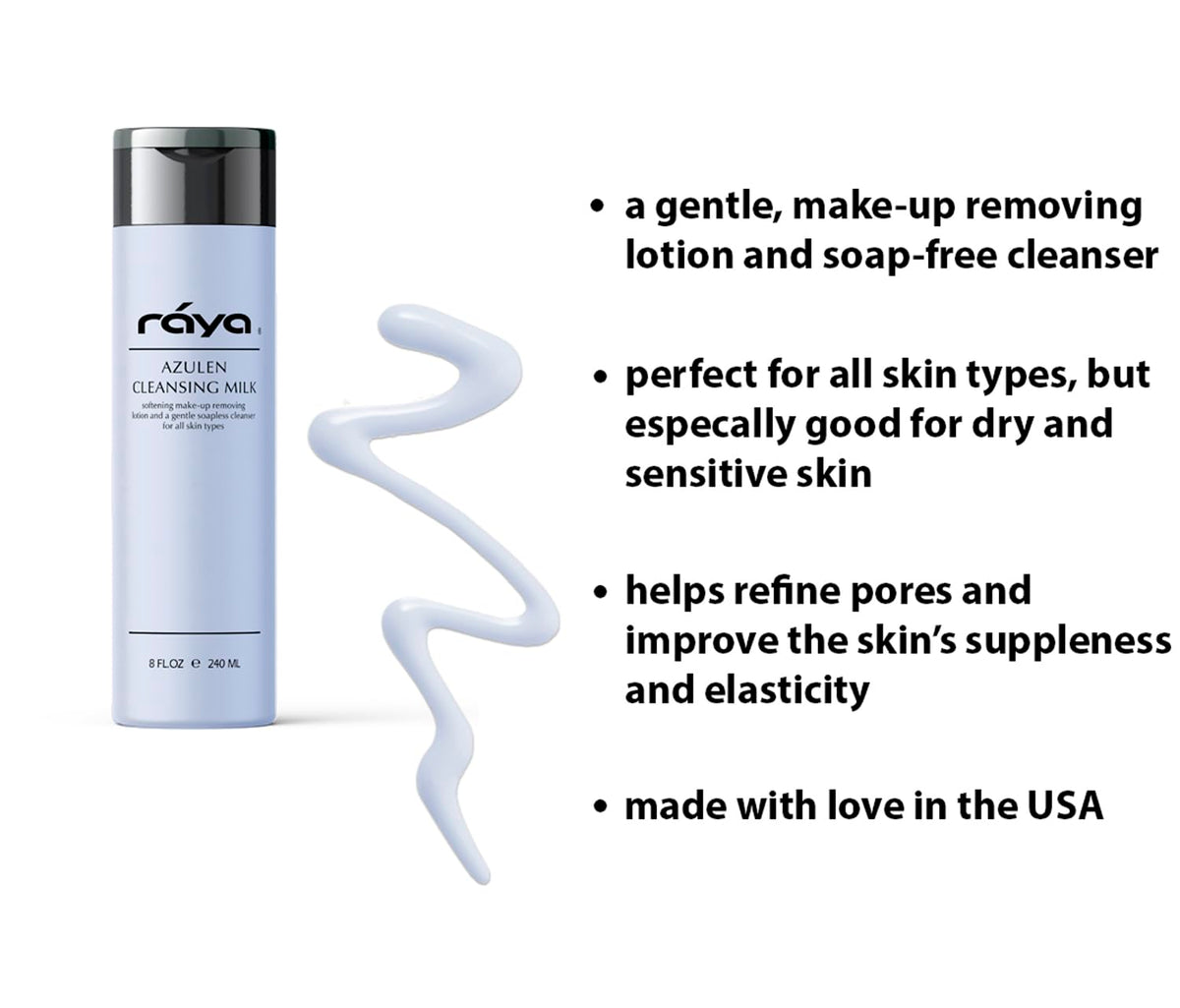 Raya Azulen Facial Cleansing Milk 8 oz (150) | Calming and Refining, Soap-Free Fluid Cleanser and Make-Up Removing Lotion | Made