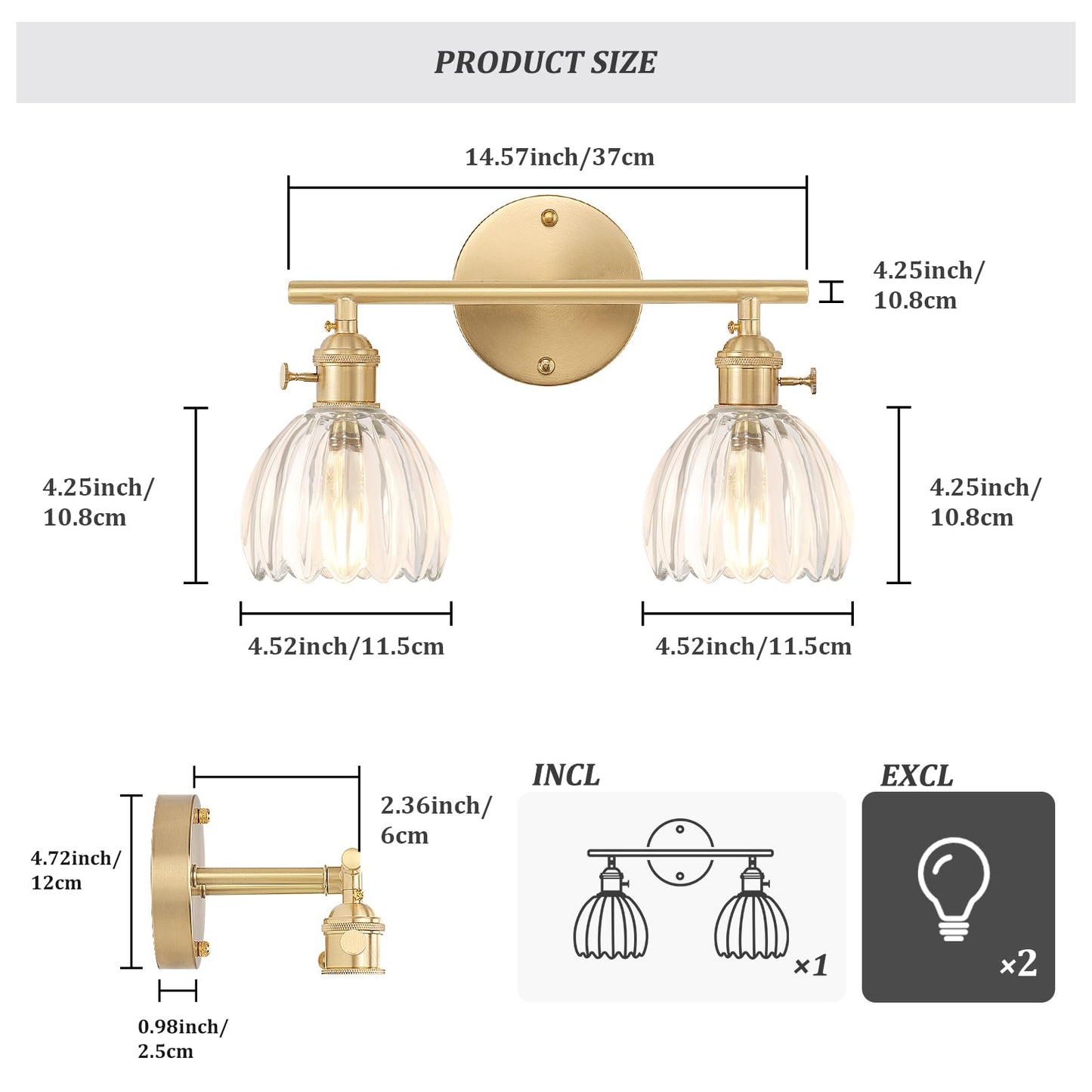 Shenmoyl Bathroom Light Fixtures, 2-Light Brass Vanity Wall Light Over Mirror with Clear Tulip Glass Shade for Bedroom Living Room (Bulb Not Included)