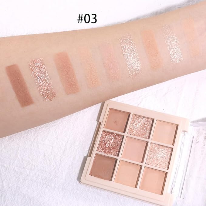 AMY'S DIARY Matte Shimmer Eye Shadow Palette Makeup,Eyeshadow Long Lasting Waterproof Cruelty-Free, 9 Blendable Shades in Smooth Matte and Shimmer Finishes with Gorgeous Pearls for Girls (03#)