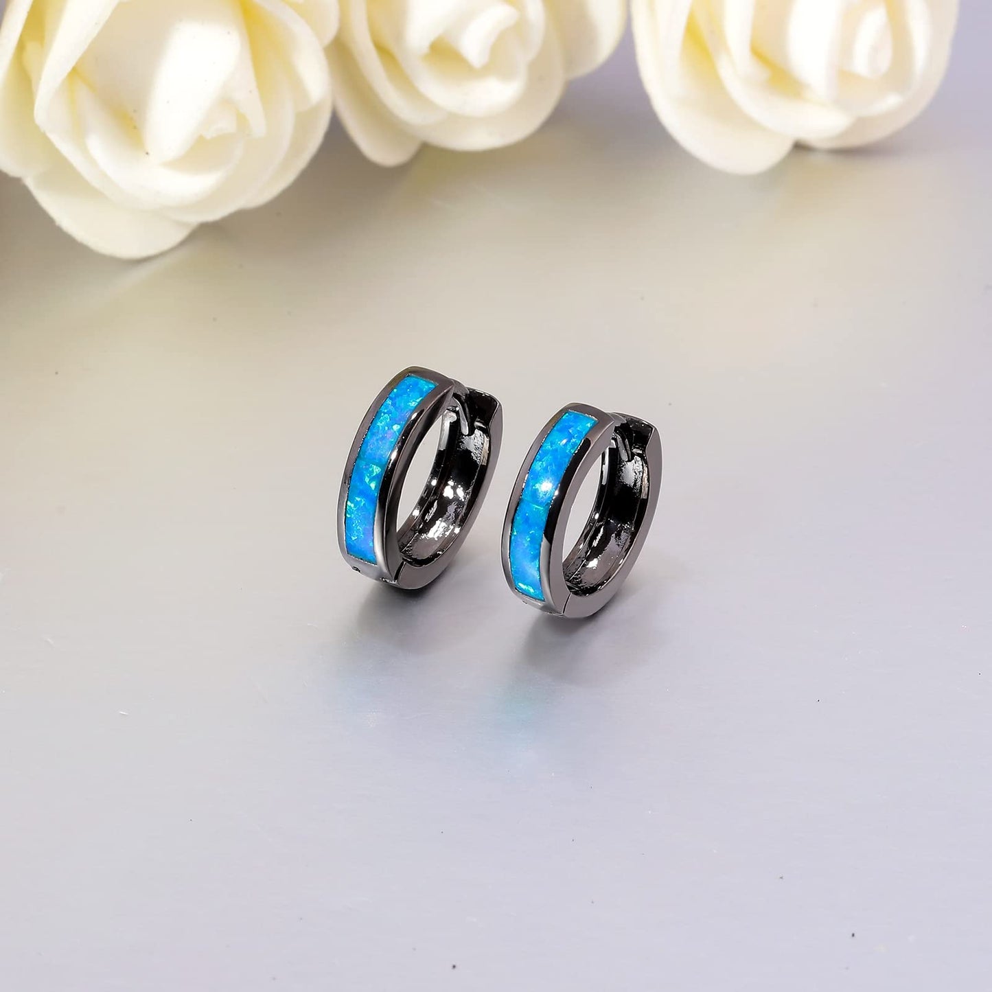 CiNily Opal Huggie Earrings Hinged Hoop Earrings 14K Black Gold Plated Small Hoop Earrings for Women Men Cute Earrings
