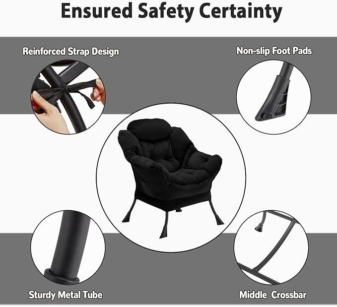 Youtanic Lazy Chair Thick Padded, Comfy Velvet Accent Lounge Chair with Stable Frame, Leisure Sofa Armchair with Armrests and Side Pocket, Reading Chair for Bedroom, Living Room, Office, Black