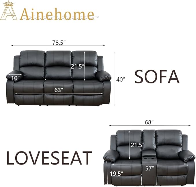 A Ainehome Living Room Furniture Set Leather Recliner Sofa Set Loveseat Chair Furniture Sofa Set for Living Room/Small Space/Rv/House/Office/Theater Seating (A-Black Leather, Sofa+Loveseat)