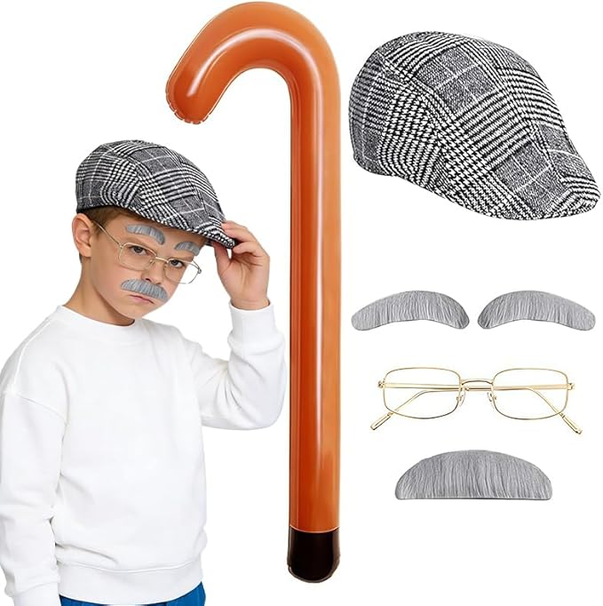 5 Pcs Old Man Costume Set Including Glasses Inflatable Cane Moustache Beret Hat Eyebrows,100 Days of School Costumes Acces...