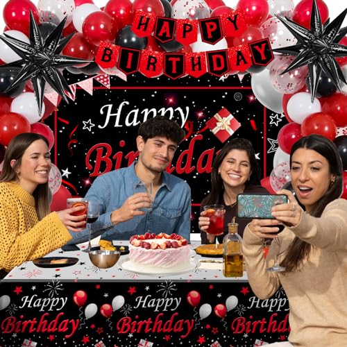 Red Birthday Decorations for Men Women Boys Girls, 75 PCS Red and Black Party Decorations Happy Birthday Backdrop Banner P...