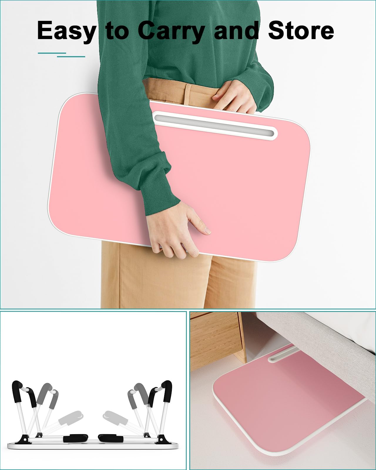 Foldable Lap Desk with Tablet Slot, Portable Laptop Desk for Bed, Lightweight Bed Table for Working Writing Reading Drawing Eating on Couch Floor, Pink (20.8"×11.8")
