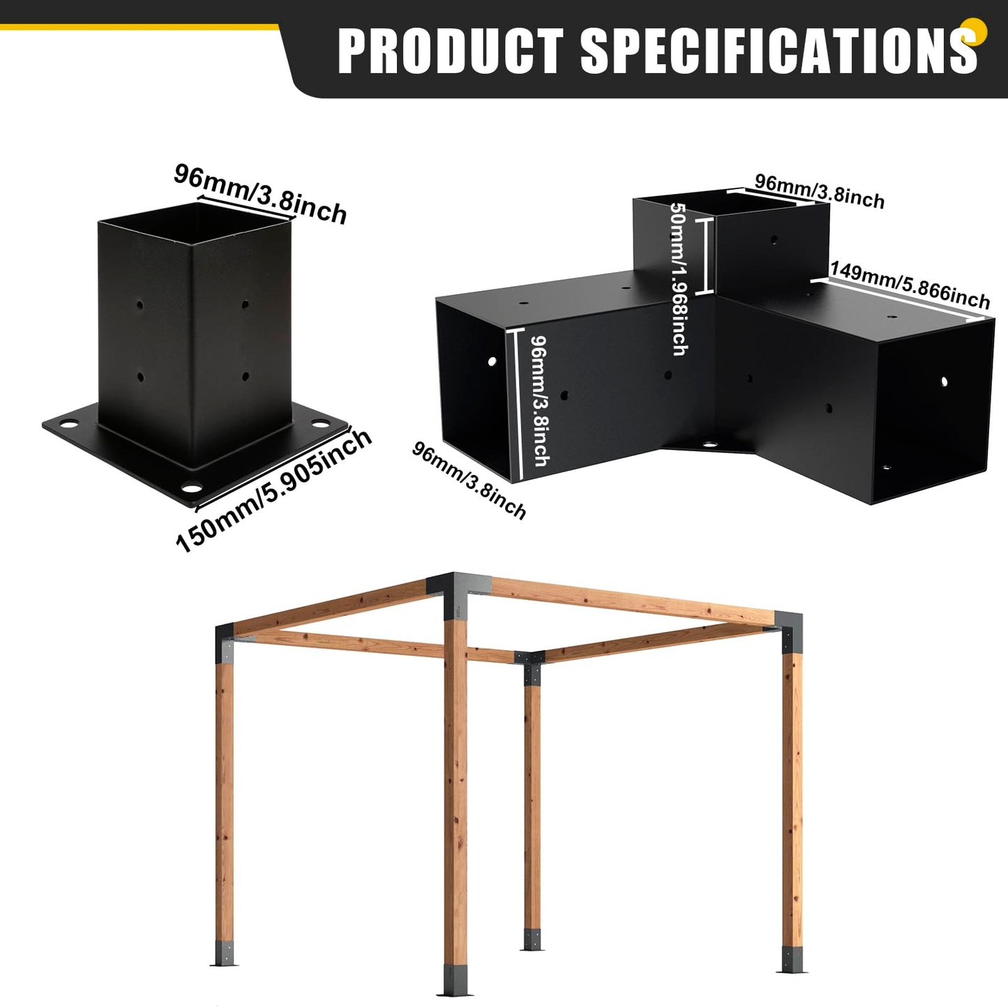 Kinchoix 4x4 Woodworks Pergola Brackets Kit, 3-Way Corner Extension, Black Powder Coated, Metal Brackets for Wood Beams, Fence, Carport (Actual: 3.5"x3.5")