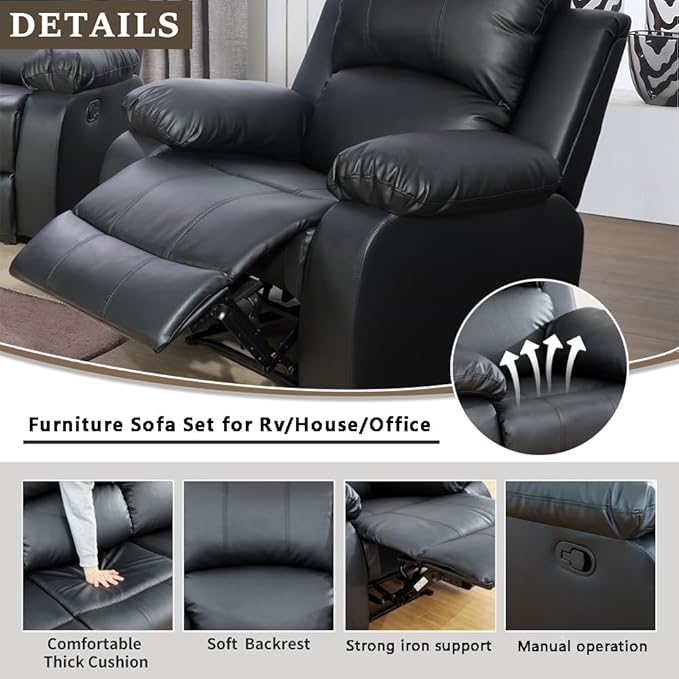 A Ainehome Living Room Furniture Set Leather Recliner Sofa Set Loveseat Chair Furniture Sofa Set for Living Room/Small Space/Rv/House/Office/Theater Seating (A-Black Leather, Chair)