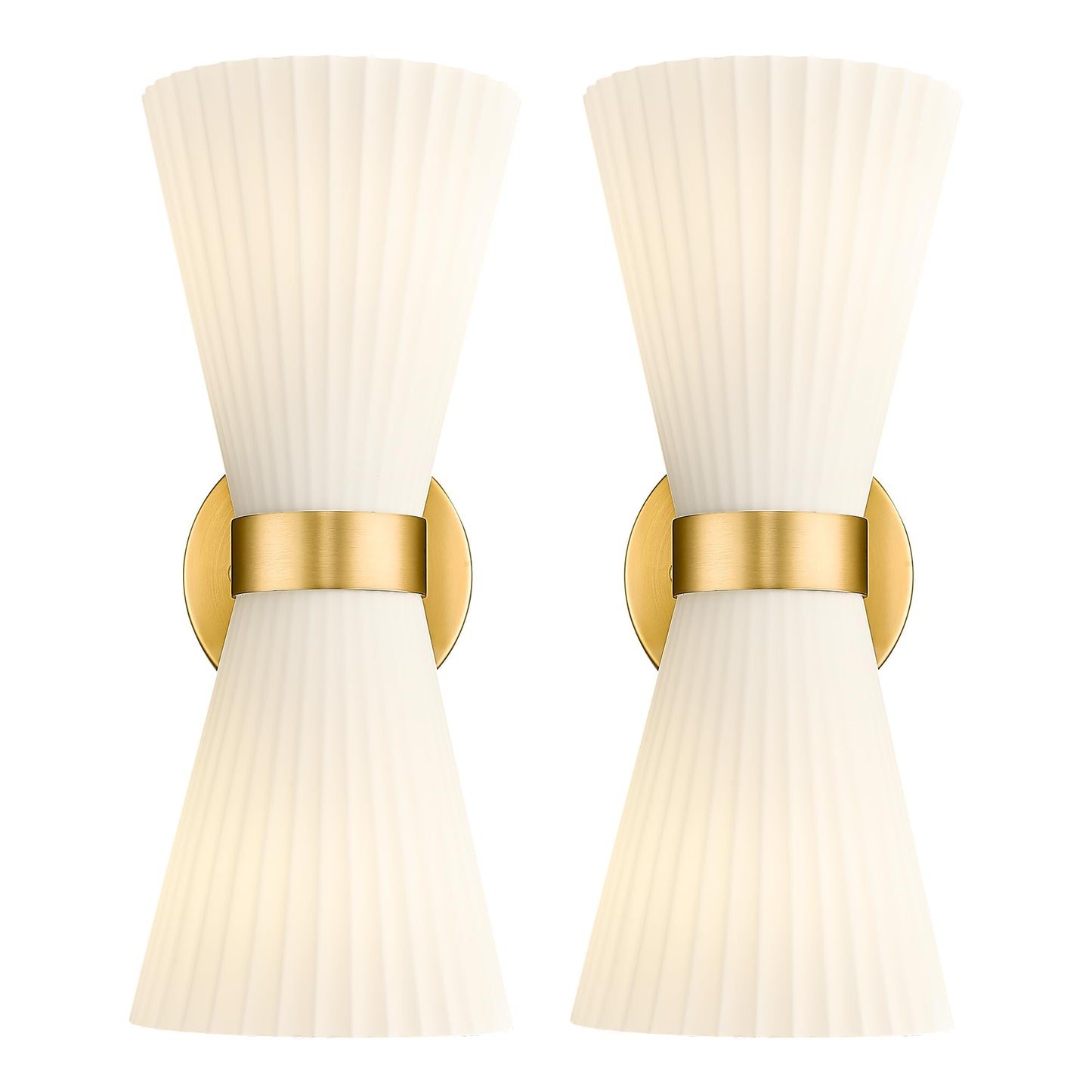 Modern Wall Sconce Set of 2, HWH 2-Light Up Down Wall Light Indoor Vanity Wall Lamp, Brushed Gold Bathroom Vanity Sconce Frosted White Striped Glass Shade, 5HZG97B-2W-2PK BG