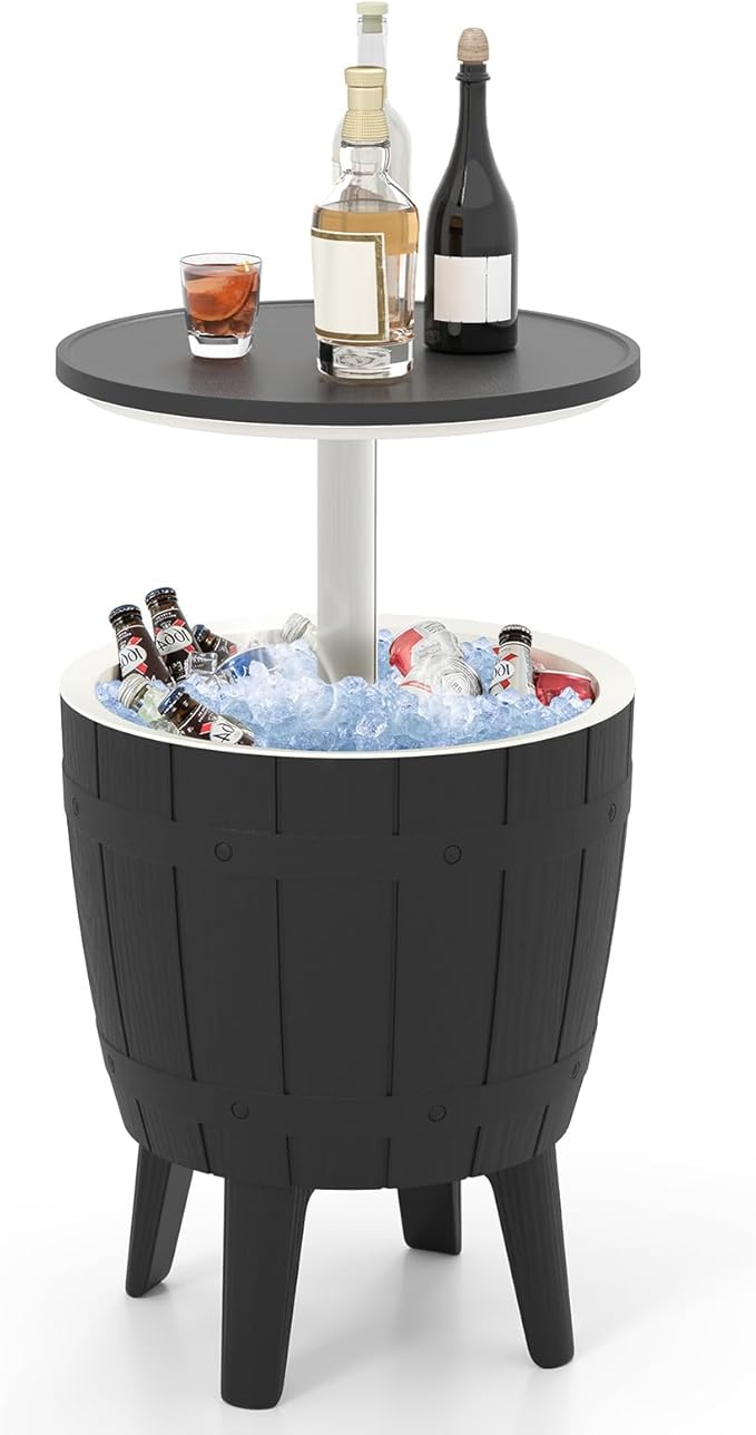 COSTWAY Outdoor Cooler Bar Table, 10 Gallon Cooler with Height Adjustable Tabletop, 3-in-1 Ice Bucket for Beer & Wine, Al...