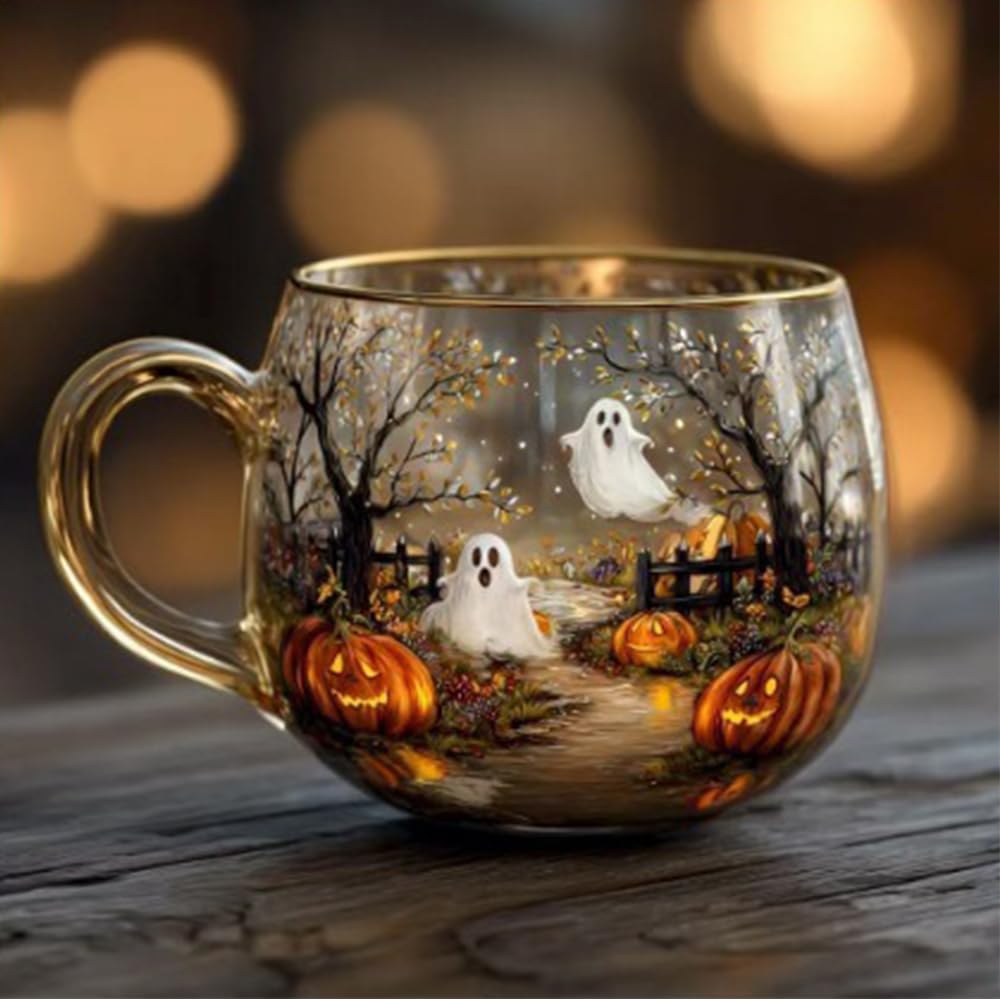 Haunted Path Halloween Mug – Cute Ghost Pumpkin Glass Coffee Cup, Spooky Season Personalized Halloween Coffee Cup with Fall Foliage (1pcs)
